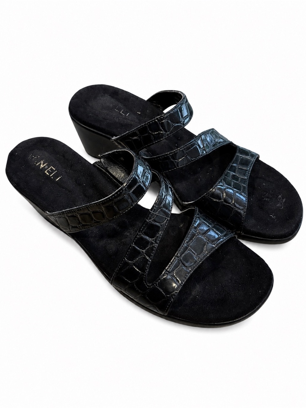VANELi Black Croc Embossed Patent Leather Slide Sandals Womens 8M